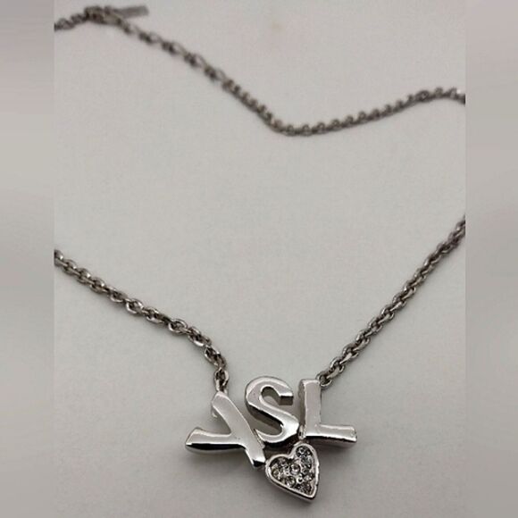 YSL Yves Saint Laurent Rhinestone Heart Silver Necklace Choker Jewelry Authentic - Picture 4 of 15